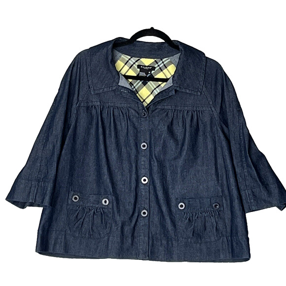 Sandro Womens Denim Jacket SZ 1 X Dark Blue 2 Front Pockets Collar Summer Garden - Picture 1 of 11